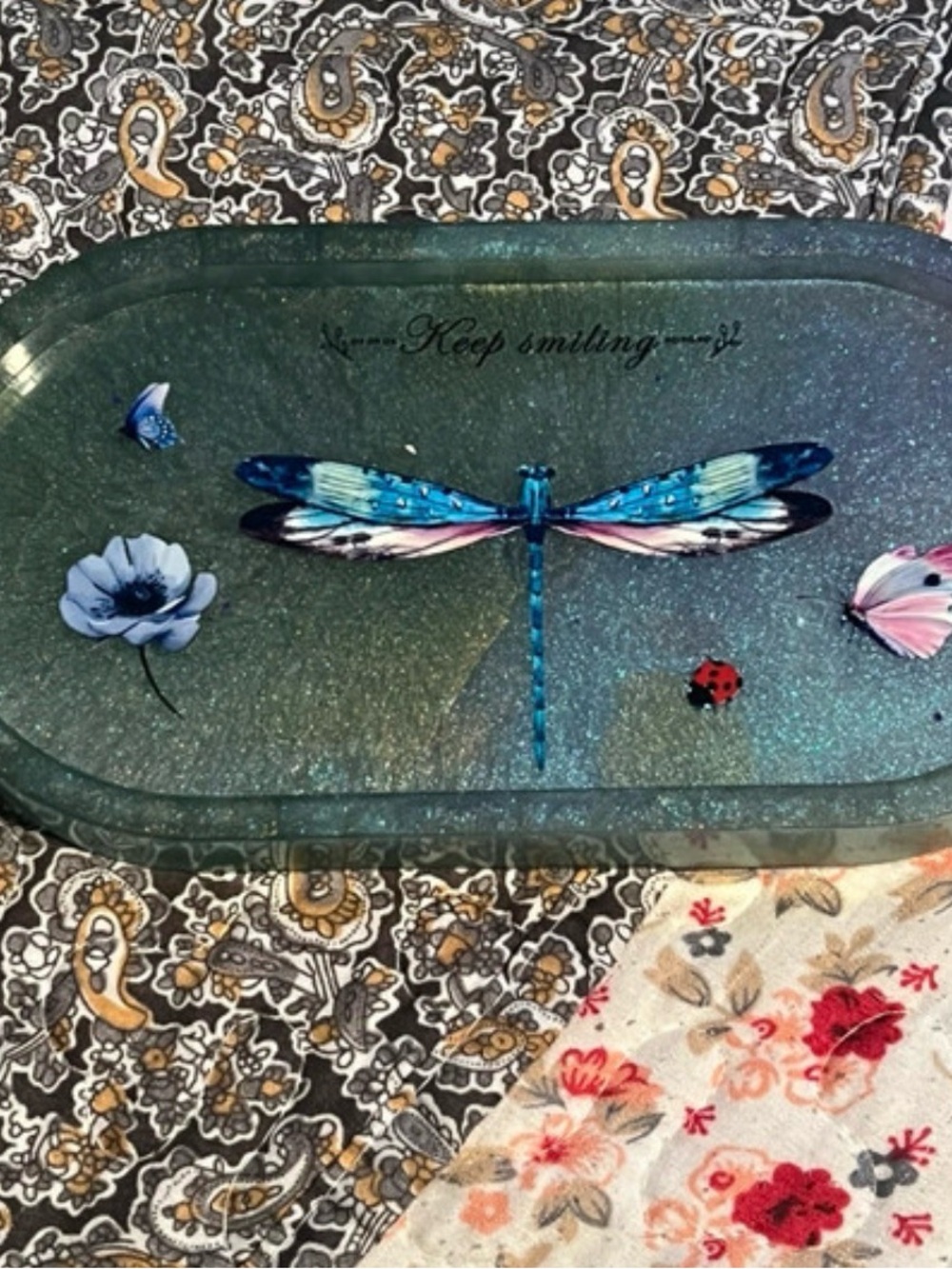 Keep Smiling Blue Dragonfly Homemade Decorative Tray